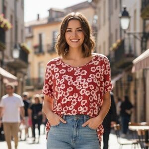 Philosophy Red & White Floral Print Scoop-Neck Tee | Size 2XL